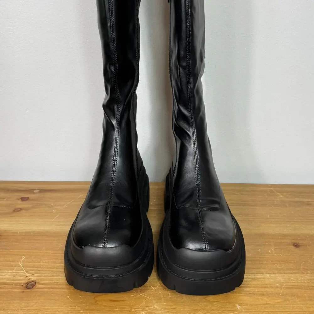 New Topshop Tyson Over the Knee Boot in Black Faux Leather Women's Size EU 39